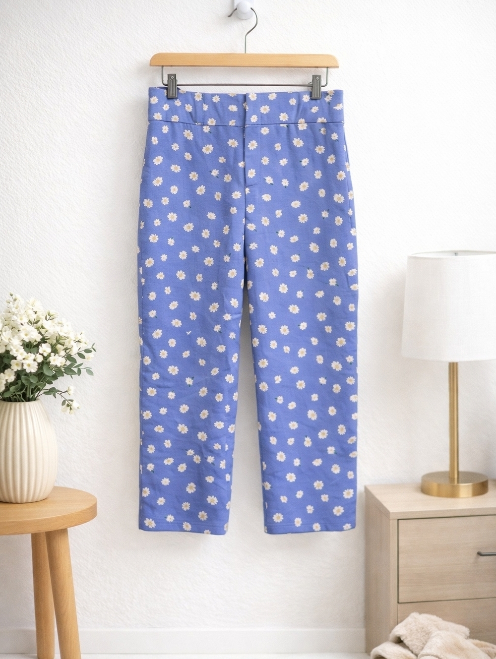 Zara Daisy Floral Pants Blue High Rise Cropped Womens Large